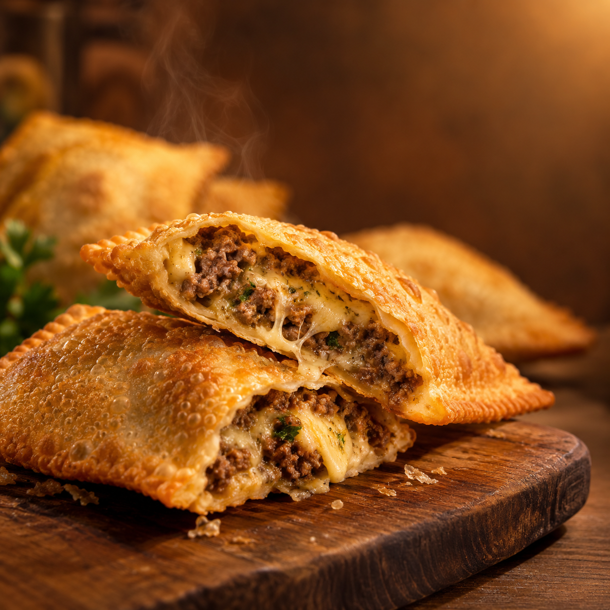 Pastéis artesanais crocantes com recheio de carne e queijo